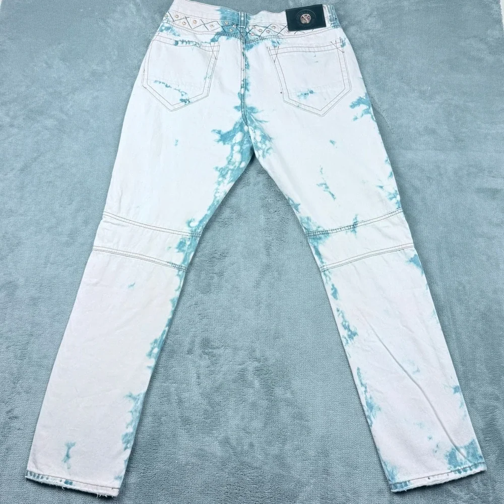 Centenario Mens Acid Wash Biker Jeans White Blue Studded Quilted 34x32 NWT
